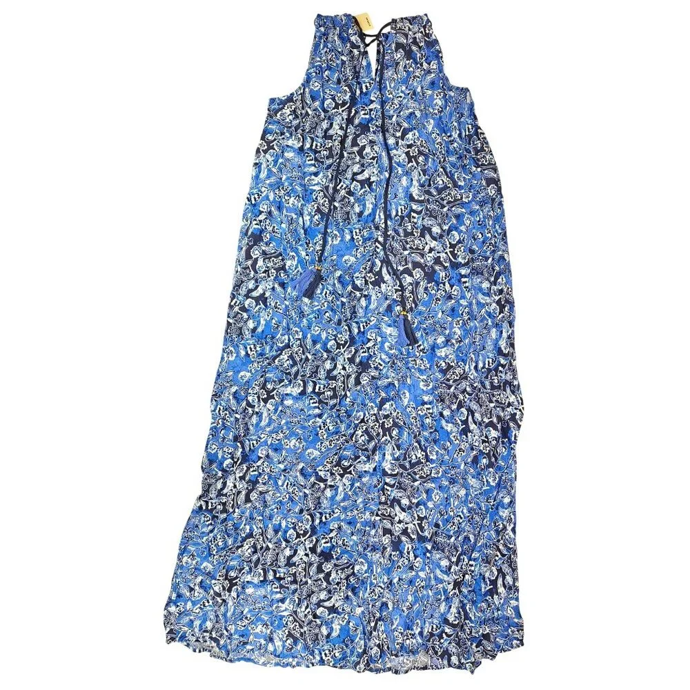 Lucky Brand Blue Floral Halter Maxi Dress Adjustable Tasseled Ties Size Large - Picture 2 of 10